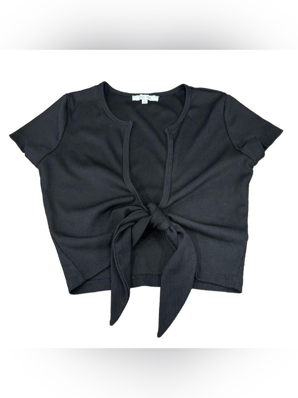 Love Tree Black Ribbed Short Sleeve Tie Front Crop Top Small S
